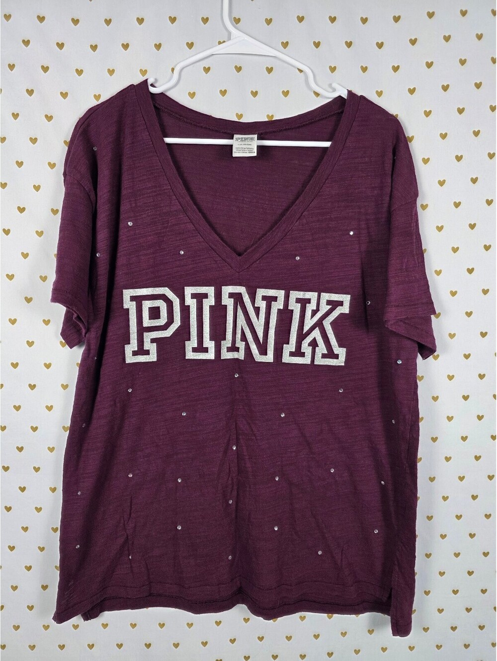 Victorias Secret PINK Maroon Studded Bling V neck Tee shirt Logo LARGE